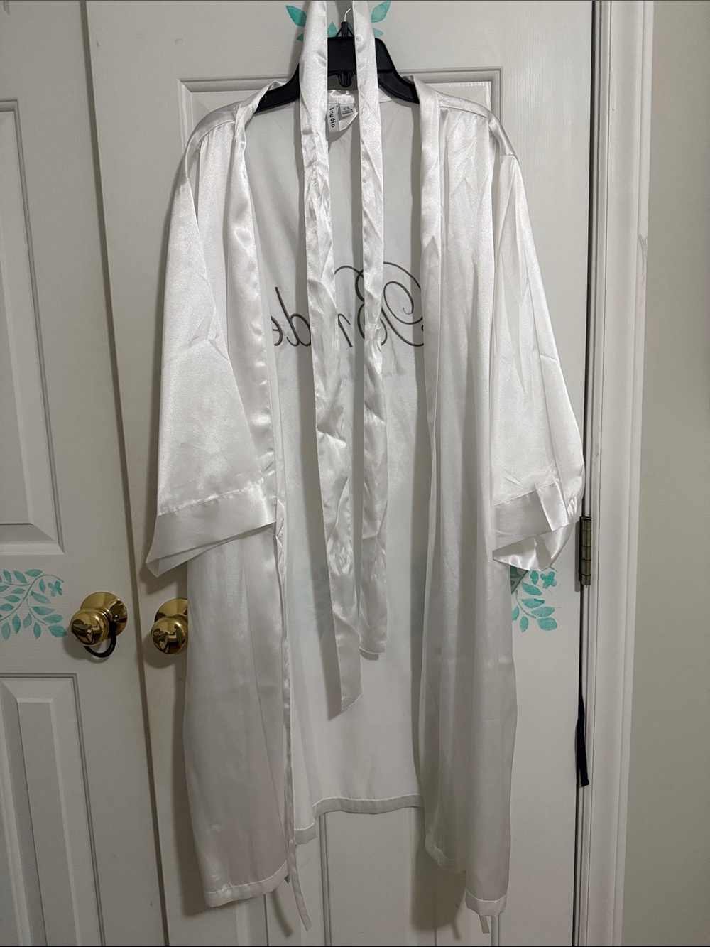 Satin Bride Robe in White with Embroidered Script - Picture 2 of 3